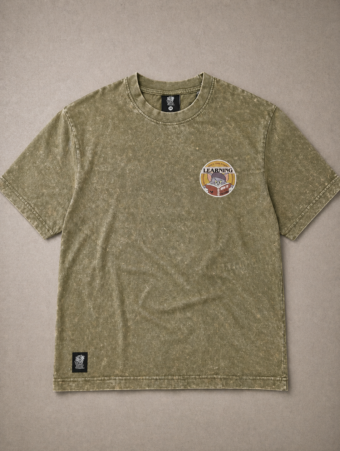 Tom & Jerry Learning Club Acid Wash T-Shirt – Olive Green