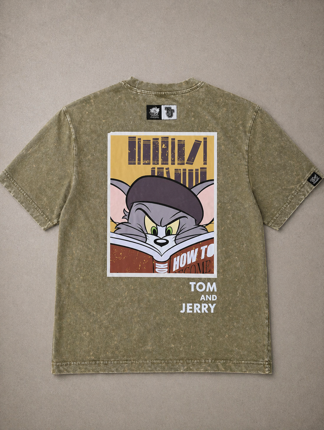 Tom & Jerry Learning Club Acid Wash T-Shirt – Olive Green
