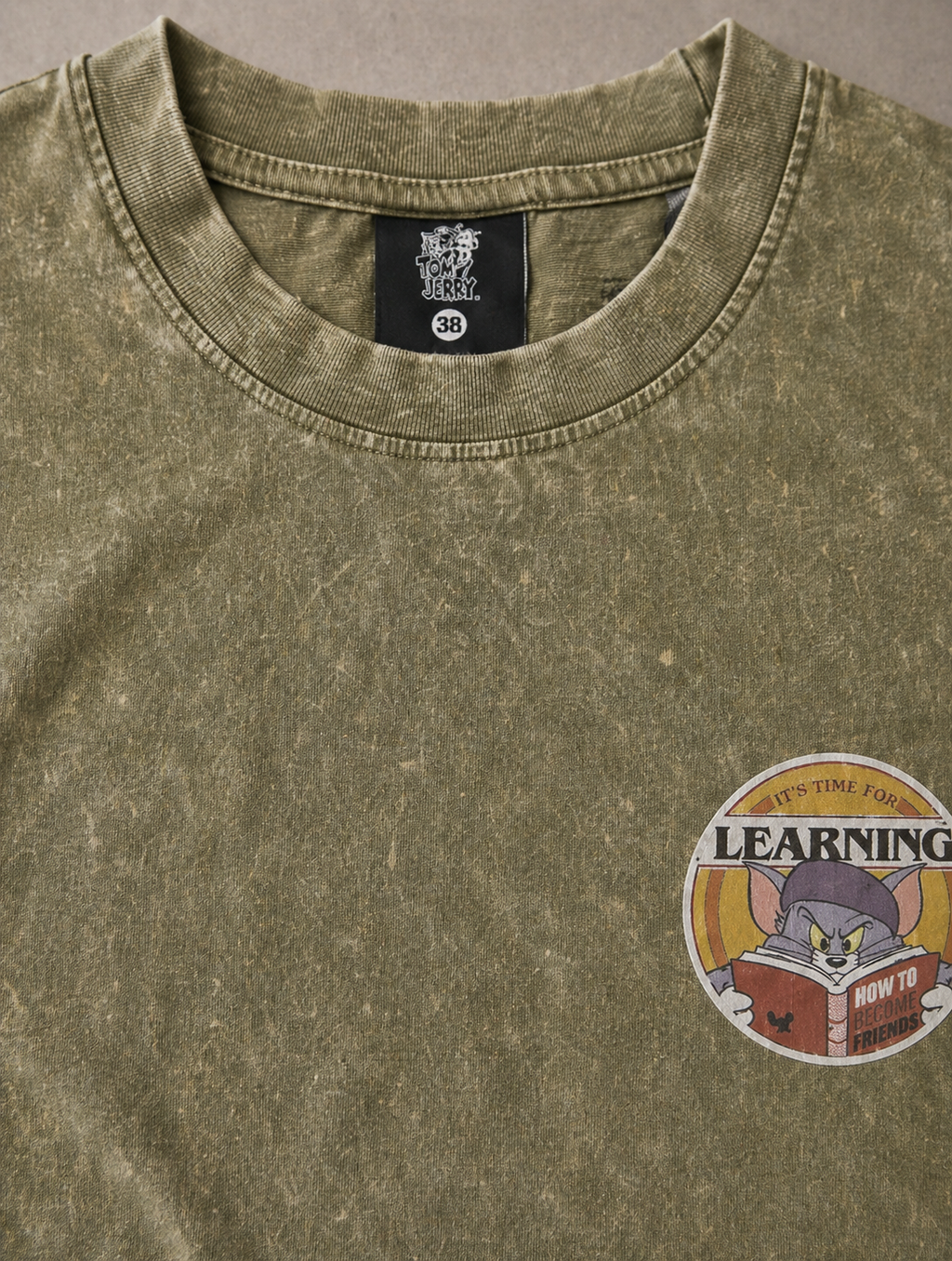 Tom & Jerry Learning Club Acid Wash T-Shirt – Olive Green