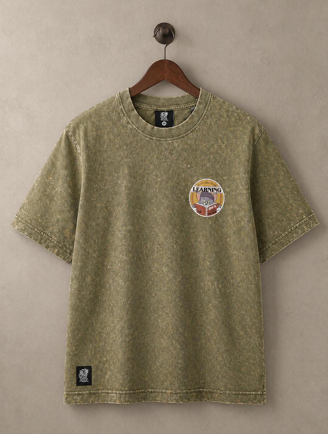 Tom & Jerry Learning Club Acid Wash T-Shirt – Olive Green