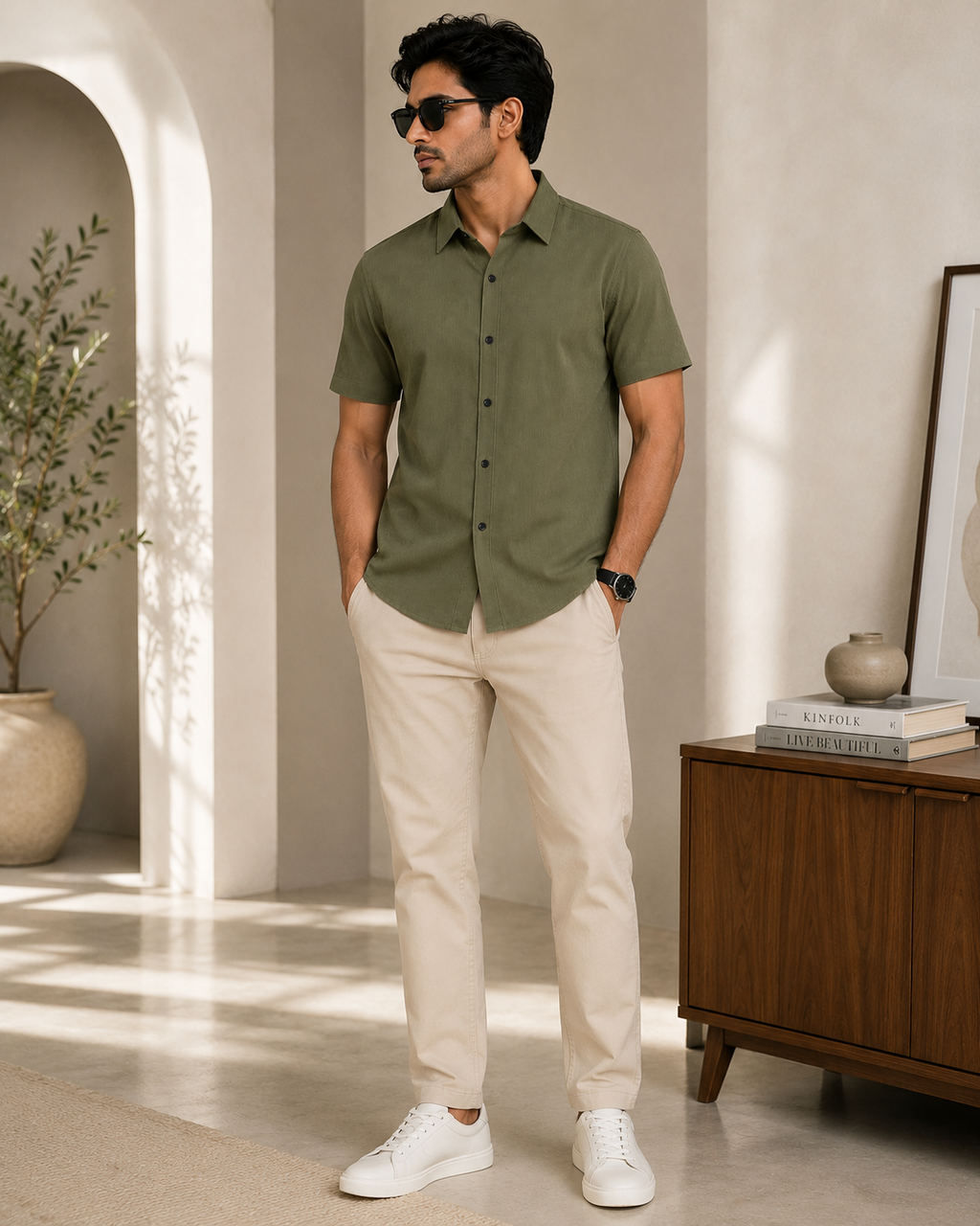 Olive Textured Short Sleeve Shirt