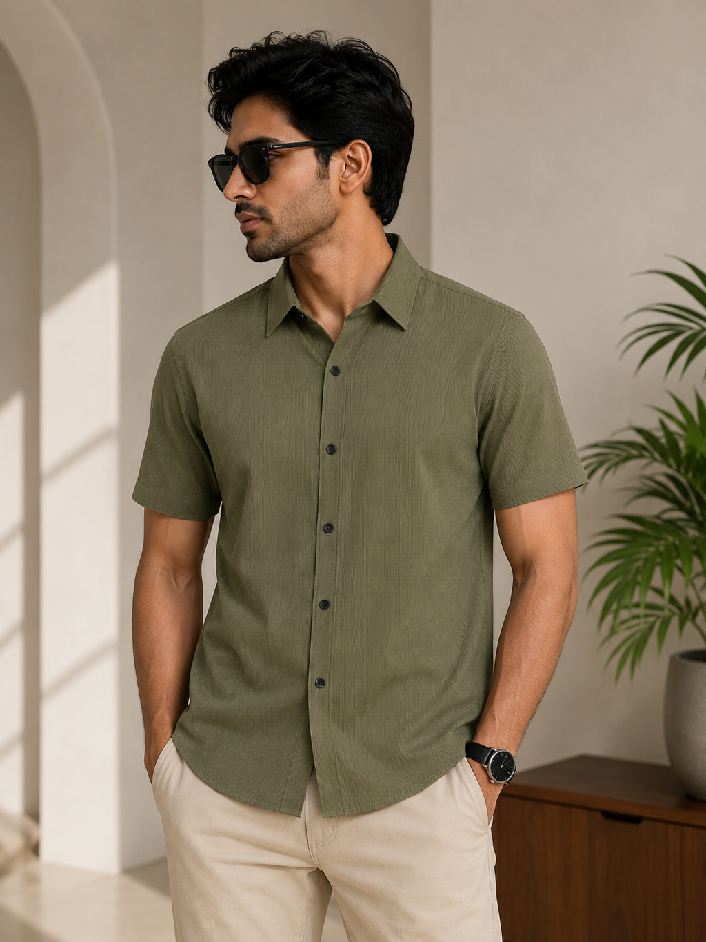 Olive Textured Short Sleeve Shirt