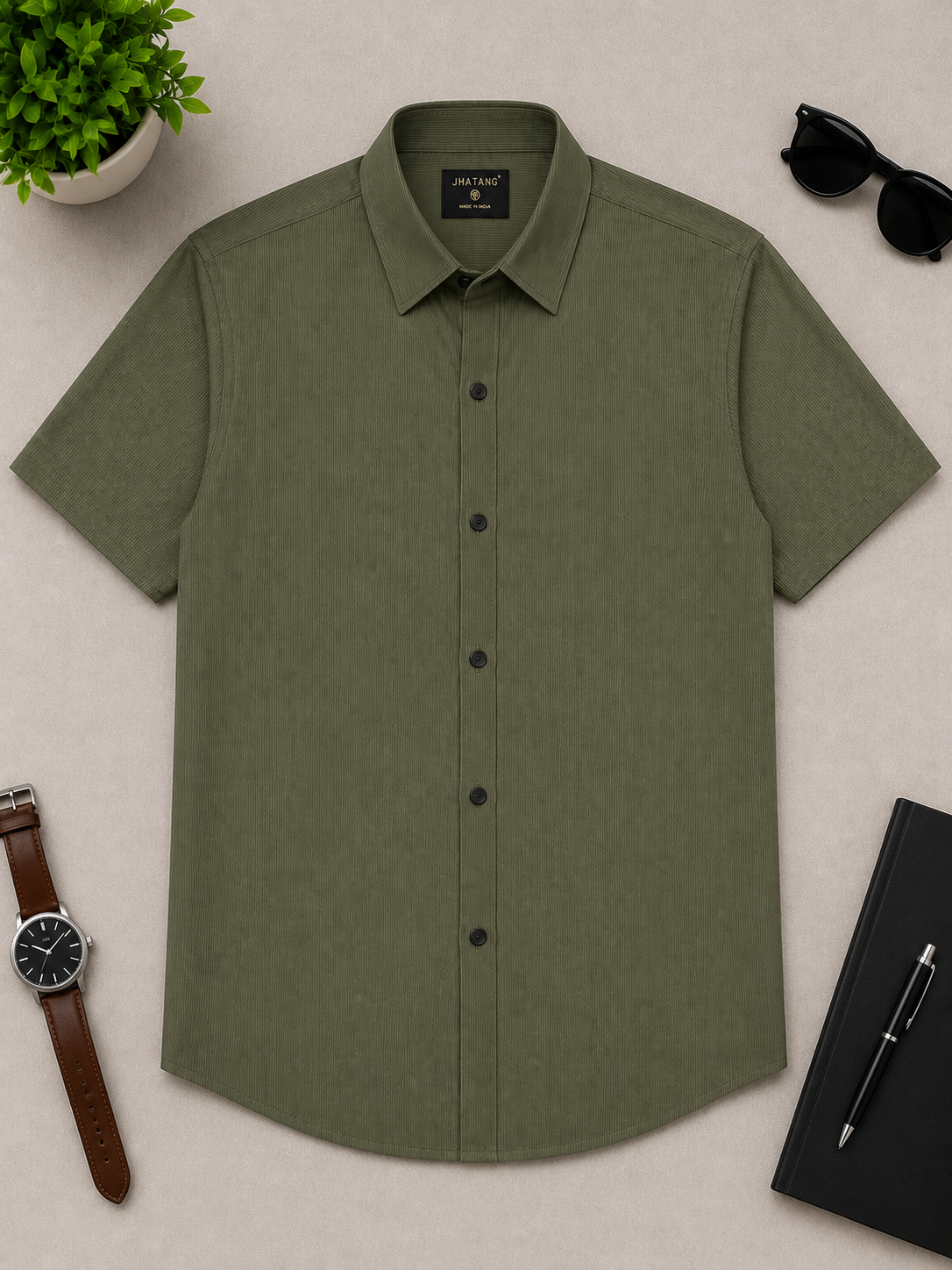 Olive Textured Short Sleeve Shirt