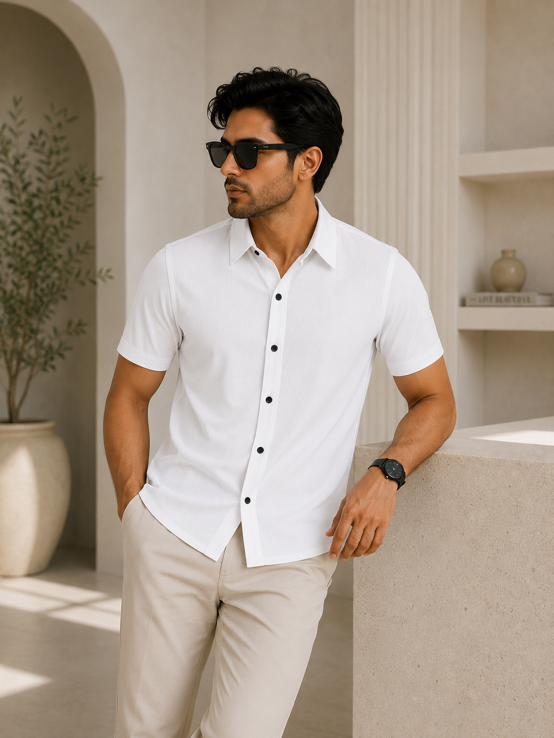 Ivory Textured Short Sleeve Shirt